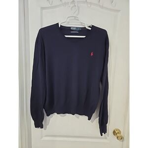Polo Ralph Lauren Large Navy / Red Pony 100% Pima Cotton V Neck Mens Sweater
